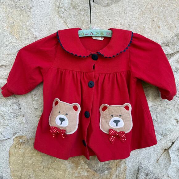 vintage baby girl long sleeve button up shirt with bear pockets 9-12 months - Picture 1 of 7